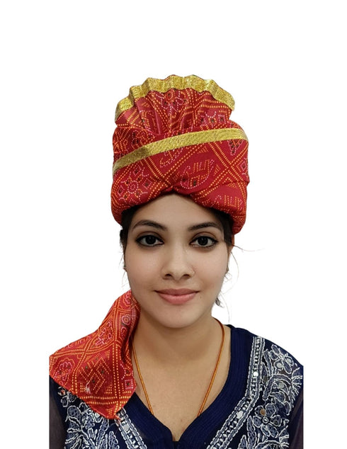 BookMyCostume Bandhej Turban/Pagdi with Turra for Men & Women | Wedding & Celebration Headwear | Traditional Rajasthani Pagdi for Barati & Guests | Free Size